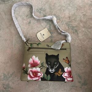 Anuschka Beige Crossbody Bag with Panther and Floral Design